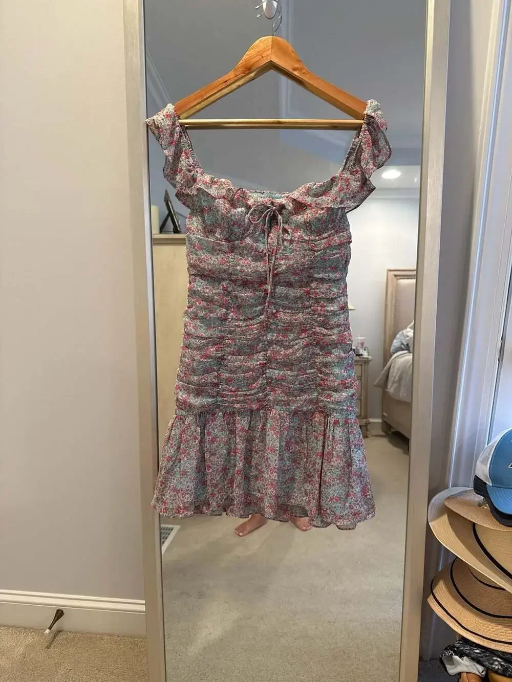ASTR The Label Teal Pink Floral Ruched Off-Shoulder Mini Dress (44) - Picture 2 of 7